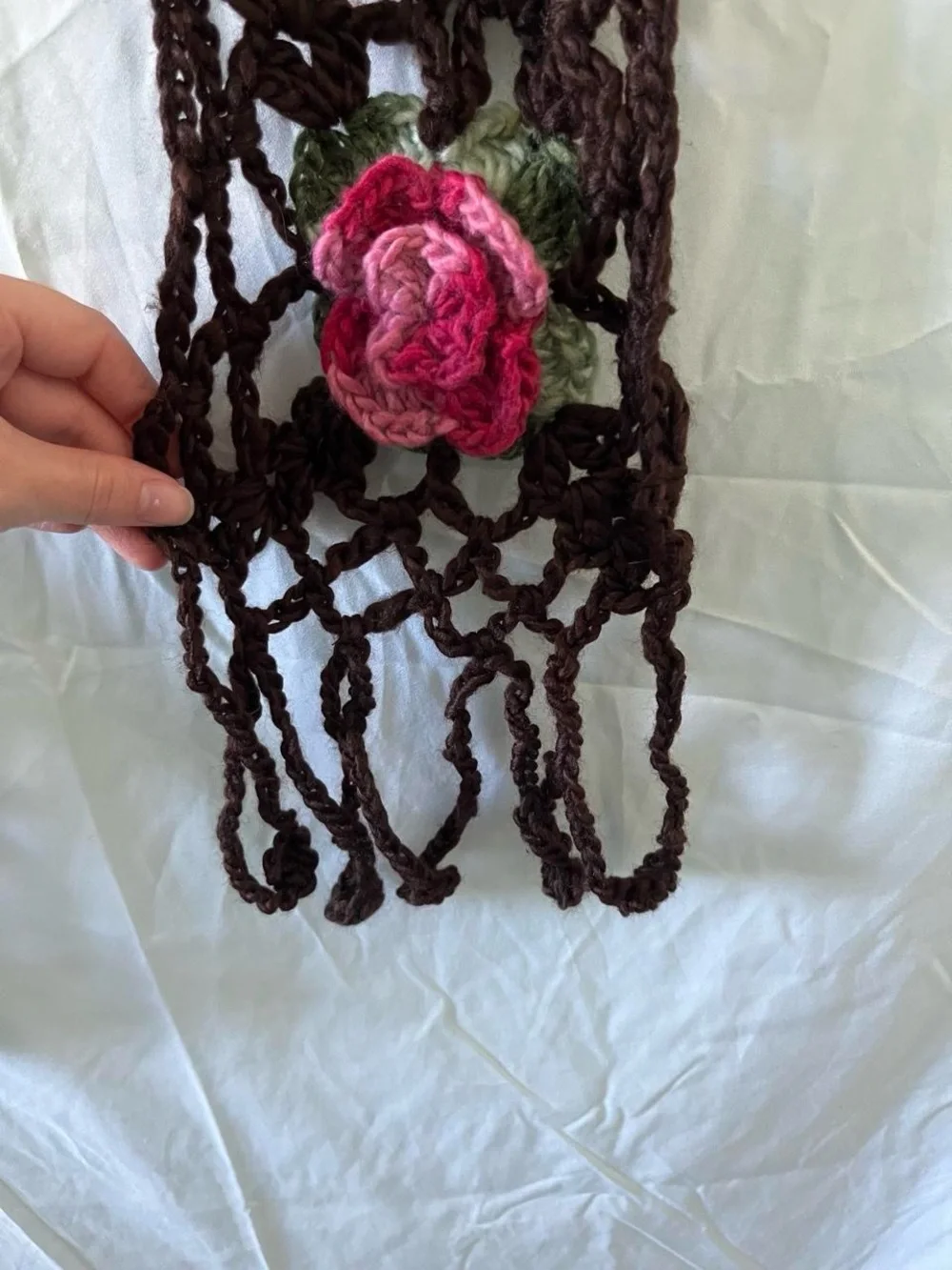 Handmade Vintage Whimsical Brown Knitted Floral Neck Scarf With Fringe